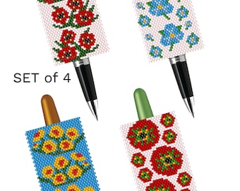 Beaded Pen Wrap Patterns Set Floral Pen Cover Designs Delica Seed Bead Peyote Flower Beading Peyote Sleeve pdf