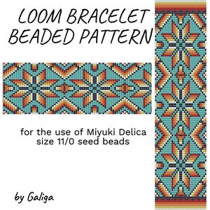 May include: A loom beading pattern for a bracelet featuring a geometric design with orange, yellow, turquoise, black, and white beads. The pattern is for use with Miyuki Delica size 11/0 seed beads. The text "LOOM BRACELET BEADED PATTERN" is at the top of the image. The text "for the use of Miyuki Delica size 11/0 seed beads" is in the middle of the image. The text "by Galiga" is at the bottom of the image.