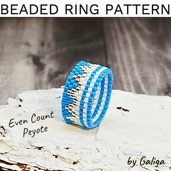 Blue silver even peyote stitch beaded ring pattern for ring making beading of seed beads Delica rings digital pattern jewelry beadwork