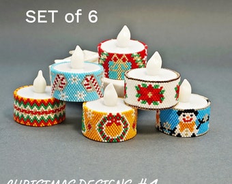 Christmas Tea Light Candle Holder Patterns Set Of 6 Tealight Cover Beaded Candle Christmas Gifts Tree Snowflakes Snowman Poinsettia Flower