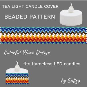 May include: A tea light candle cover with a beaded pattern in a colorful wave design. The cover fits flameless LED candles. The design features a mix of blue, white, orange, and brown beads. The text on the image says "TEA LIGHT CANDLE COVER BEADED PATTERN Colorful Wave Design fits flameless LED candles by Galiga."