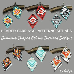Brick stitch beaded earrings patterns SET of 6 Seed Bead Geometric earrings tribal native ethnic ornaments diy digital Beading Patterns