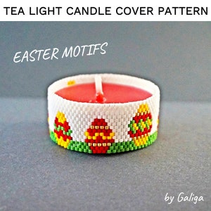 May include: A white beaded tea light candle cover with a red, yellow and green Easter egg design. The text "Easter Motifs" is above the candle cover. The text "by Galiga" is below the candle cover.