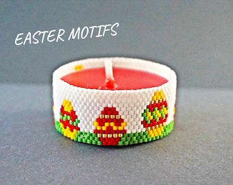 Easter Eggs Tea Light Holder Peyote Pattern Happy Easter Beading Patterns Seed Bead Candle Holder Spring Holiday Beaded Pattern Home Decor