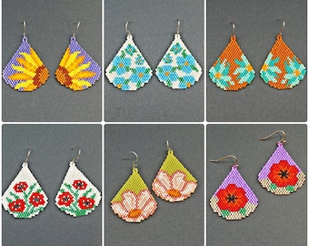Drop Earrings Patterns Set Of 6 Flowers Brick Stitch Digital Seed Bead Jewelry Making DIY Beading Pattern Beadwork Beaded Earring Design