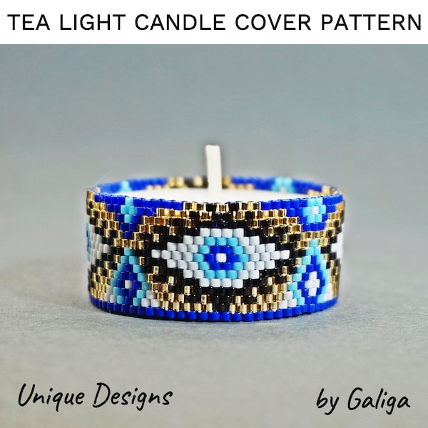 Evil Eye Tea Light Holder Peyote Pattern Beaded Candle Holder Tealight Ethnic Candle Wrap Beading Design Beadwork DIY Home Decor