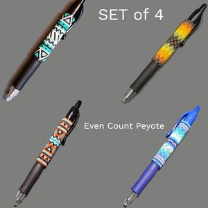 May include: Set of 4 beaded pen wrap patterns. Each pen features a unique design with turquoise, orange, yellow, and blue beads. The text on the image reads "Beaded Pen Wrap Patterns", "Set of 4", "Even Count Peyote", "Boho Designs", and "by Galiga".