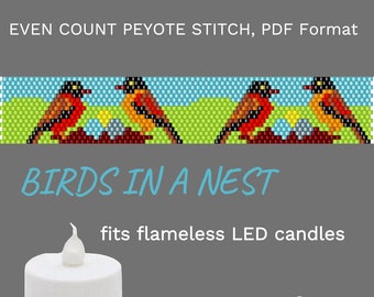 Birds in a Nest Seed Bead Tealight Candle Cover Pattern Spring Nature DIY Beaded Candle Holder Family Crafts Easter Ideas Beading Decor