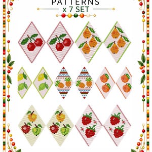 Conjunto de 7 padrões de brincos de miçangas com tema de frutas e bagas, em ponto tijolo Delica, PDF digital.