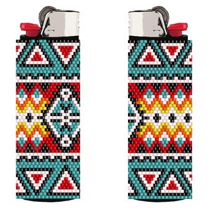 May include: Two lighter covers featuring a beaded pattern with geometric shapes in red, turquoise, yellow, white, and black. The text BEADED LIGHTER COVER PATTERN and Southwest-inspired motif by Galiga are visible above and below the lighters.