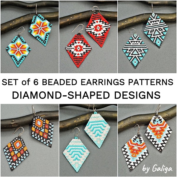 Brick stitch beaded earrings patterns SET of 6 Geometric seed bead earrings tribal native ethnic ornaments Beading Patterns diy digital