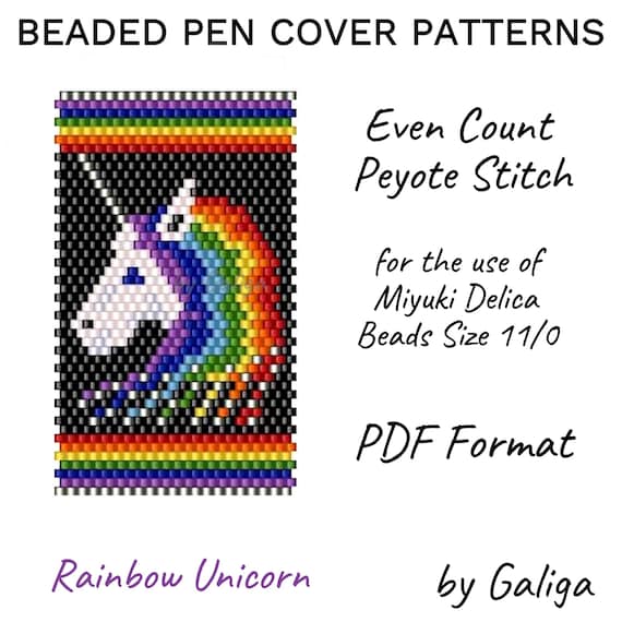 Rainbow Unicorn Beaded Pen Wrap Pattern Colorful Beadwork Craft Design Seed Bead Pen Cover Peyote Beading Stationery DIY