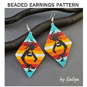 May include: A pair of beaded earrings with a diamond shape. The earrings feature a colorful design with a silhouette of a person in the center. The earrings are turquoise, orange, yellow, red, white, and black. The earrings are labeled "by Galiga".