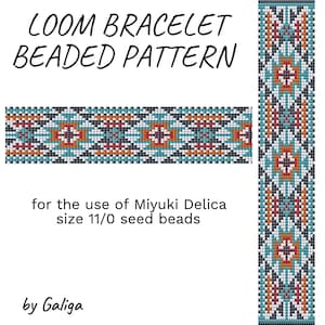 May include: A loom bracelet beaded pattern with text that reads "LOOM BRACELET BEADED PATTERN". The pattern features a geometric design in teal, orange, red, black, and white. The text "for the use of Miyuki Delica size 11/0 seed beads" is also included.