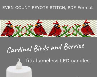 Cardinal Bird Tea Light Candle Cover Pattern Beaded Red and Green Design for DIY Crafts Seed Bead Delica Candle Wrap Beading pdf Download