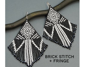 Black and White Fringe Beaded Earrings Pattern, Brick Stitch Beading Pattern, Oversized Earrings Seed Bead Pattern Beadwork Jewelry Pattern