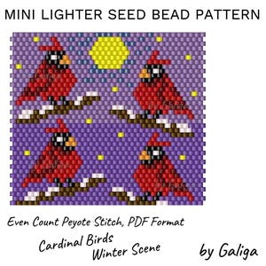 Mini Lighter Cover Beaded Pattern Red Cardinal Birds Moon Winter Scene Small Lighter Case Patterns Bird Peyote Beading Design DIY