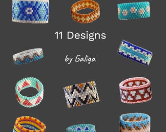 Peyote Rings Patterns For Beading Set of 11 Pattern Colorful Beaded Ring Beadwork Ring Jewelry pattern PDF Seed bead ring Digital Download