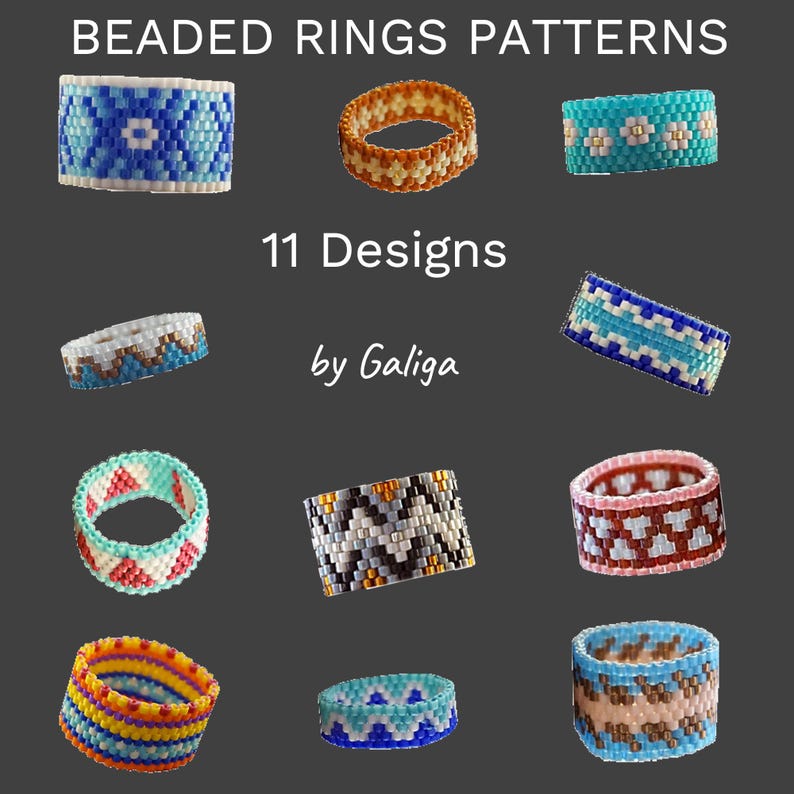 Peyote Rings Patterns For Beading Set of 11 Pattern Colorful Beaded Ring Beadwork Ring Jewelry pattern PDF Seed bead ring Digital Download image 1