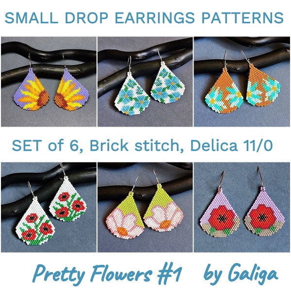 Drop Earrings Patterns Set Of 6 Flowers Brick Stitch Digital Seed Bead Jewelry Making DIY Beading Pattern Beadwork Beaded Earring Design