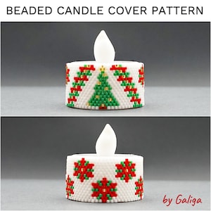 May include: A white beaded candle cover with a Christmas tree design in green, red, and gold beads. The candle cover is designed to fit a small tea light candle.