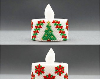 POINSETTIA and Christmas Tree Tea Light Holder Peyote Pattern Xmas Beading Patterns Battery Operated Candle Cover Beaded Pattern Tealight