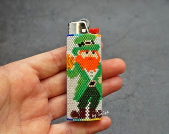 St Patricks Day Lighter Cover Pattern Leprechaun DIY Beaded Lighter Case Seed Bead Beer Mug Holiday Patterns Irish Inspired Rainbow Schema