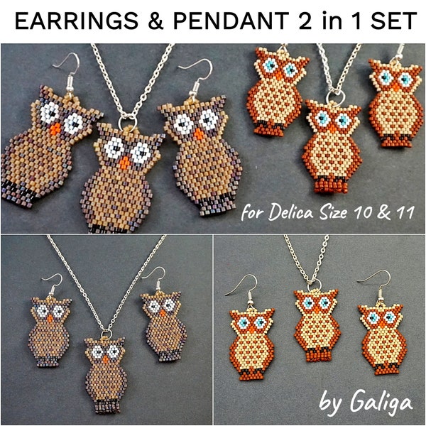 Boucles d'oreilles perlées motif motif hibou motif pendentif motif Brick stitch rocaille motif téléchargement boucles d'oreilles hibou perle de rocaille