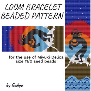 May include: A beaded bracelet pattern featuring a Native American dancer silhouette against a sunset backdrop. The pattern is designed for use with Miyuki Delica size 11/0 seed beads. "LOOM BRACELET BEADED PATTERN" and "by Galiga" are written in the image.