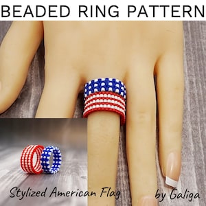 Patrón de anillo de peyote para abalorios, bandera estadounidense, anillo de cuentas de EE. UU., esquema de cuentas, trabajo con cuentas, tejido de cuentas, fabricación de joyas, anillos de cuentas, estrellas y rayas