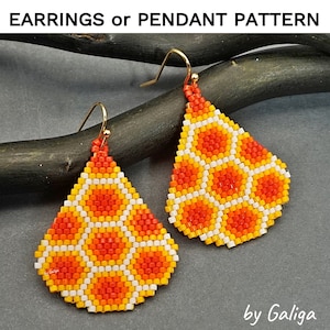 May include: A pair of orange, yellow, and white beaded earrings or pendants with a geometric pattern. The earrings are teardrop shaped and have a gold hook.