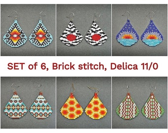 Drop Earrings Patterns Set Of 6 Brick Stitch Digital Seed Bead Jewelry Making Beading Pattern Beadwork Tutorial Beaded Earring DIY Geometric