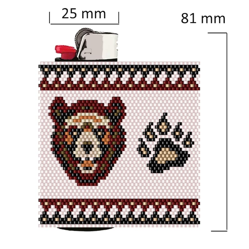 May include: A white lighter with a beaded cover featuring a brown bear face and paw print. The beads are in a geometric pattern with black, brown, and beige colors. The lighter is 25 mm wide and 81 mm tall.