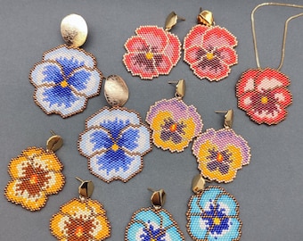 Pansy Beaded Patterns SET of 5 Pansies Earrings Seed Bead Necklace DIY Pendant Delica Brooch Hair Accessory Patterns for Beading Floral