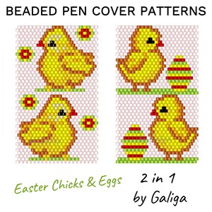 Peut inclure: Deux motifs de perles pour un couvre-stylo représentant un poussin jaune avec un œuf rouge et vert. Les motifs sont intitulés "Easter Chicks & Eggs 2 in 1 by Galiga".