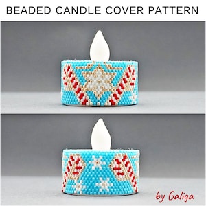 May include: A teal blue beaded candle cover with a white star and red and white candy cane design. The candle cover is designed to fit a small tea light candle.
