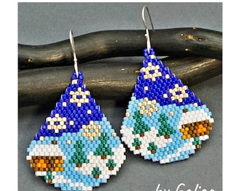 Merry Christmas Winter Landscape Beading Pattern Earrings Beaded Brick Stitch Earrings Seed Bead Beadwork Jewelry Pattern Christmas Ideas