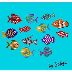 Puede incluir: Un fondo turquesa presenta patrones de peces con cuentas de colores. El texto dice "BRICK STITCH BEADING PATTERNS Tropical Fish Collection - 13 Colorful Designs", "by Galiga" y "for the use of Miyuki Delica Seed Beads".