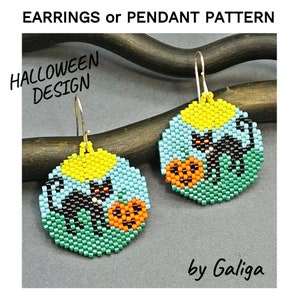 May include: A pair of beaded earrings or pendants featuring a black cat with a pumpkin. The beads are in shades of black, yellow, orange, green, and blue. The earrings are hanging from silver hooks. The text "HALLOWEEN DESIGN" is visible in the top left corner of the image. The text "by Galiga" is visible in the bottom right corner of the image.