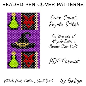 May include: A beaded pen cover pattern with a purple background, featuring a witch hat, potion, and spell book design. The text reads "Even Count Peyote Stitch" and "PDF Format". The pattern is designed for Miyuki Delica Beads Size 11/0.