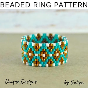 May include: A turquoise, gold, and white beaded ring with a geometric pattern. The ring is made with small seed beads and is a unique design.