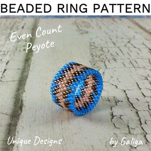 May include: A beaded ring made with even count peyote stitch. The ring is blue and pink with gold accents. The ring is on a white wooden background. The text "Even Count Peyote" is above the ring. The text "Unique Designs by Galiga" is below the ring.