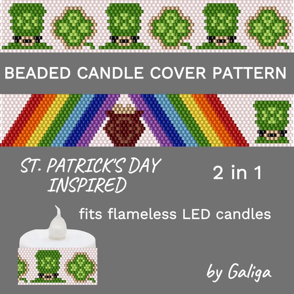 St Patricks Day Beaded Candle Cover Patterns Leprechaun Hat Seed Bead Tea Light Candle Holder Rainbow Tealight Pot of Gold Beading Pattern