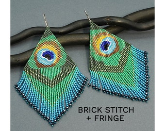 Peacock Beaded Earrings Pattern Brick Stitch Fringe Beading Pattern DIY Peacock Feather Seed Bead Jewelry Pattern Beadwork Digital Download