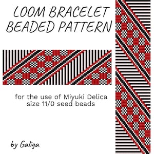 以下が含まれることがあります： 「LOOM BRACELET BEADED PATTERN」のテキストが入った、織りブレスレットのビーズパターンのデザイン。赤、黒、白の色が繰り返されるデザインです。「for the use of Miyuki Delica size 11/0 seed beads」のテキストも含まれています。