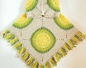 Wool crochet poncho Womens hippie wrap Wool granny squares poncho Green yellow crochet Warm poncho Cape poncho Hooded green beige poncho