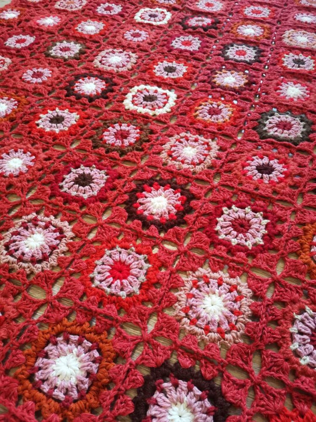 Red Pure Wool Granny Squares Afghan Toddler Vintage Style Crochet Wool