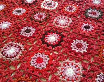 Red pure wool granny squares afghan Toddler vintage style crochet wool blanket Unisex kids nursery decoration