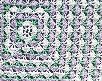 Vintage baby blanket Cotton white crochet lace wrap lilac mint flowers Summer blanket with purple flowers