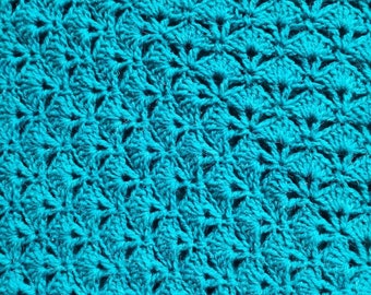 Blue green pure wool blanket Floral crochet afghan OOAK wool bed cover Boho vintage style blanket